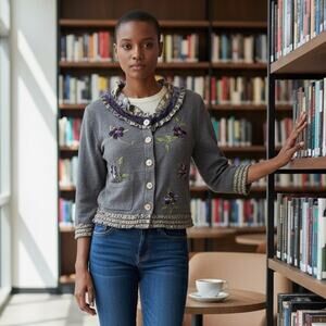 Cordelia Cardigan Sweater Purple 3D Floral Embroidery Coquette Artsy Womens M